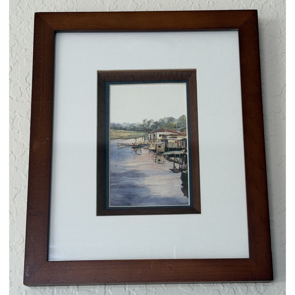 Watercolor Painting Original Art Lopez Baylon Signed Framed Landscape Boat Dock